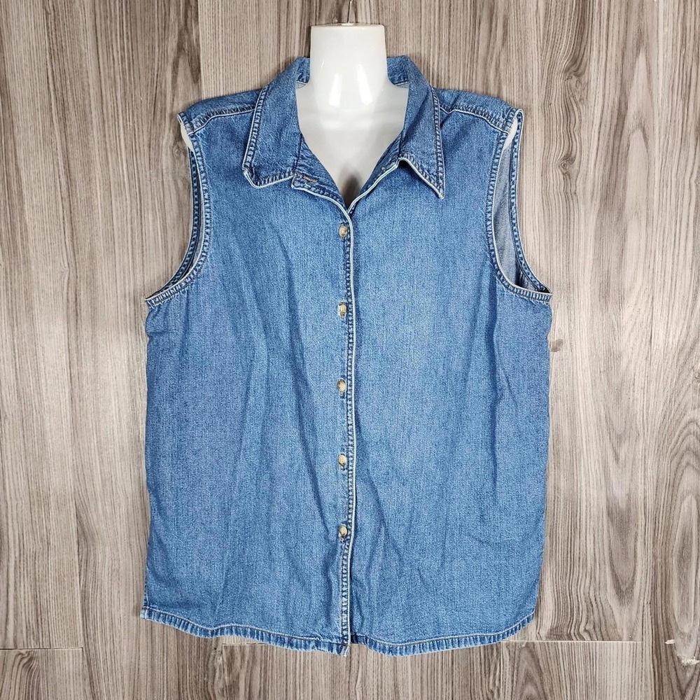 Brooks Brothers Womens Large Blue Denim Sleeveless Button Down Shirt Top